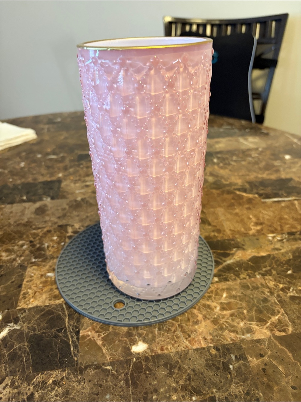 Pink Textured Glass Vase with Gold Trim - Home Accents